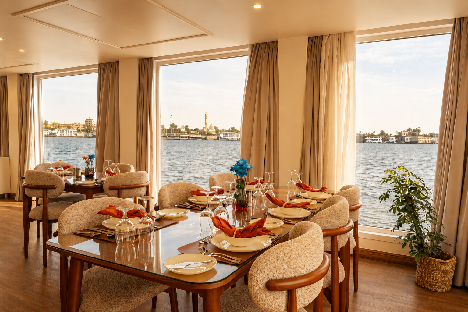 Dining table beside panoramic Nile windows